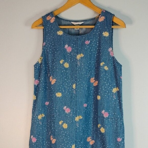 Vintage Christopher & Banks Denim Floral Jumper Dress w/ Pockets Women's Size S - Picture 9 of 10